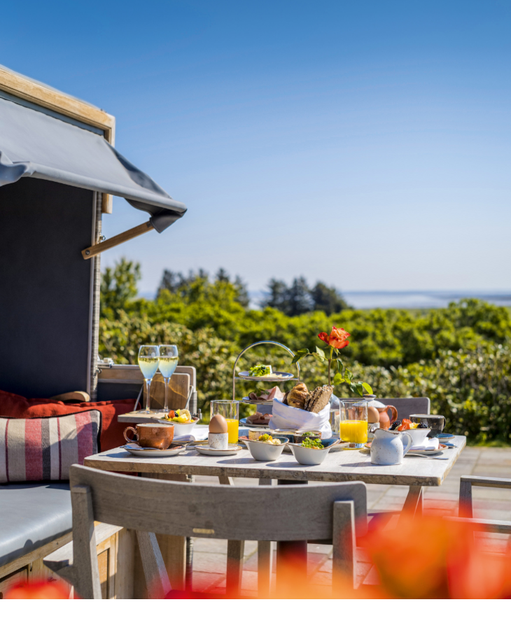 Frühstückstisch im Freien mit Speisen und Getränken vor grüner Landschaft und blauem Himmel im Landhaus Severin*s Morsum Kliff.