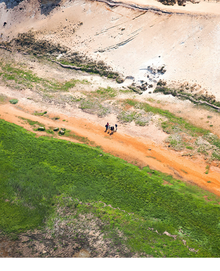 Luftaufnahme von Menschen auf einem Weg zwischen grüner Wiese und sandiger Küste.